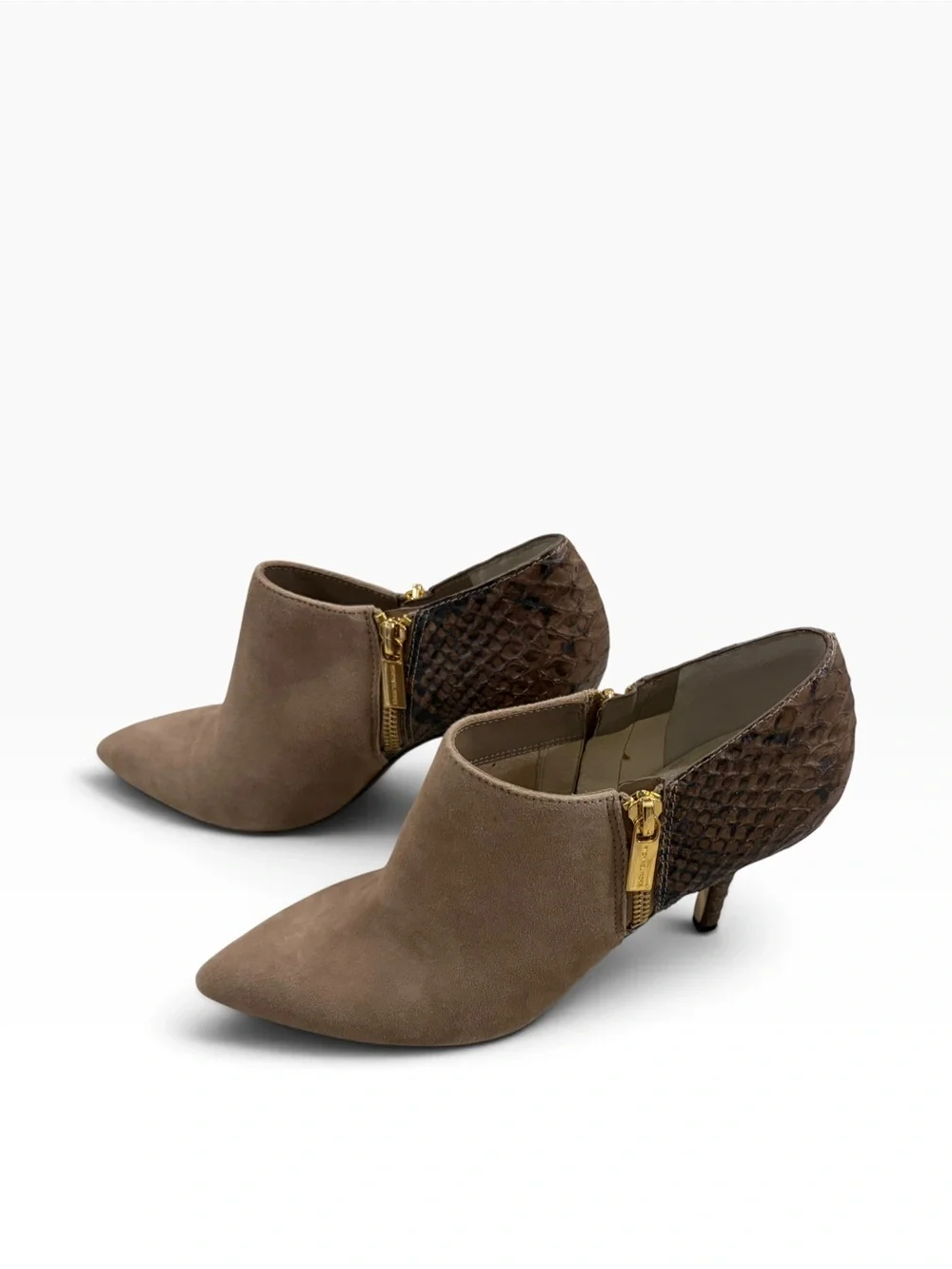 Michael Kors Clara Python Suede Ankle Booties Taupe Brown Gold Zip Size 8M